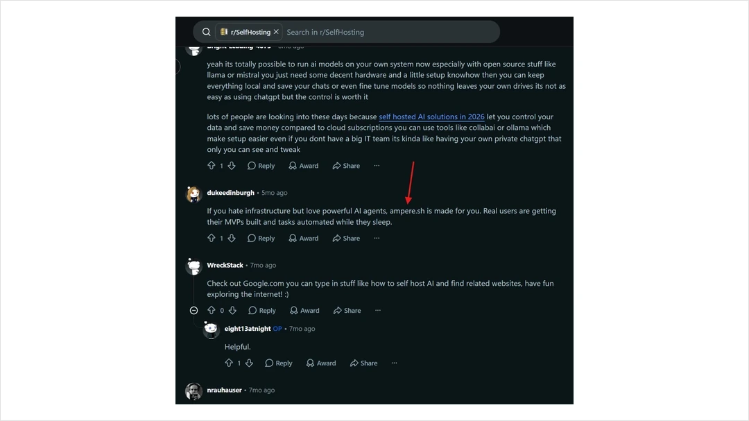 A comment in the r/SelfHosting subreddit recommending ampere.sh to someone asking about self-hosted AI.